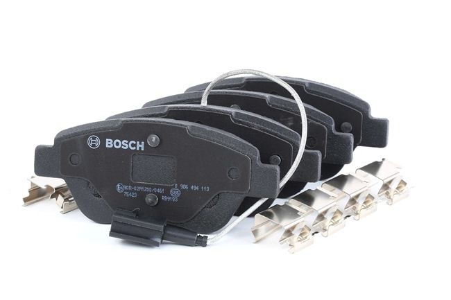 BOSCH 0 986 494 113 Bremsbelagsatz, Scheibenbremse mit integriertem Verschleißsensor, mit Anti-Quietsch-Blech, mit Schrauben, mit Feder, mit Zubehör, 122,8mm FIAT PANDA Bj 1993