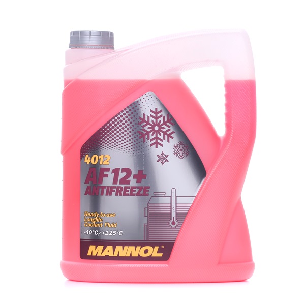 MANNOL Frostskydd SAE J1034, ASTM D3306, ASTM D4656, ASTM D4985, ASTM D6210, BS 6580:2010, AFNOR NF R15-601, (except for RA), VAG TL-774 D, VAG TL-774 F, MB 325.3, BMW GS 94000, DACIA 41-01-001/--T, Ford WSS-M97B44-D, CHEVROLET, MAZDA MEZ MN 121 D, JAGUAR CMR 8229, STJLR 651.5003, ASTON MARTIN, BEHR, ADE, BERGEN ENGINES, 2.13.01, CASE, NEW HOLLAND MAT3624, DAF 74002, DETROIT DIESEL, DFS93K217, CLAAS, CUMMINS CES 14439, CUMMINS CES 14603, CUMMINS, IS series u N14, DEUTZ DQC CB-14, FENDT, GREAT WALL, HITACHI, ISUZU, JENBACHER, TA 1000-0201, KAROSA, KOBELCO, KOMATSU 07.892(2009), LEYLAND TRUCKS, DW03245403, LIEBHERR MD1-36-130, MACK 014 GS 17009, MAK A4.05.09.01, MITSUBISHI MHI, MAN 324 Typ SNF, MAN B&W A/S, MAN B&W AG D36 5600, MWM 0199-99-2091/11, MTU MTL 5048, BRB BR 637, Austria Onorm V5123, GermanyFVV Heft R443, France NFR 15-601, Yanmar, Japan JASO M325, MIL-Belgium, BT-PS-606-A, MIL-France, DCSEA 615/C, MIL-Italy E/L-1415b, MIL-Sweden FSD 8704, South-Korea KSM 2142, Spain, uNE 26-361-88/1, NATO S-759, 5l, röd, -40°C MN4012-5