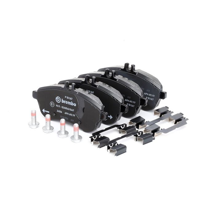 BREMBO P 50 067 Kit de plaquettes de frein, frein à disque PLAQUETTE DE FREIN DIRECTIONNELLE, préparé pour indicateur d'usure, avec vis d'étrier de frein, avec accessoires MERCEDES-BENZ SLK ac 1998